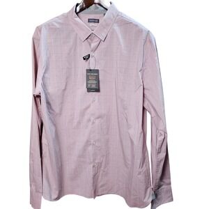VAN HEUSEN Mens XXL Long Sleeve‎ Slim Fit Stain Shield Grid Dress Shirt Pink New